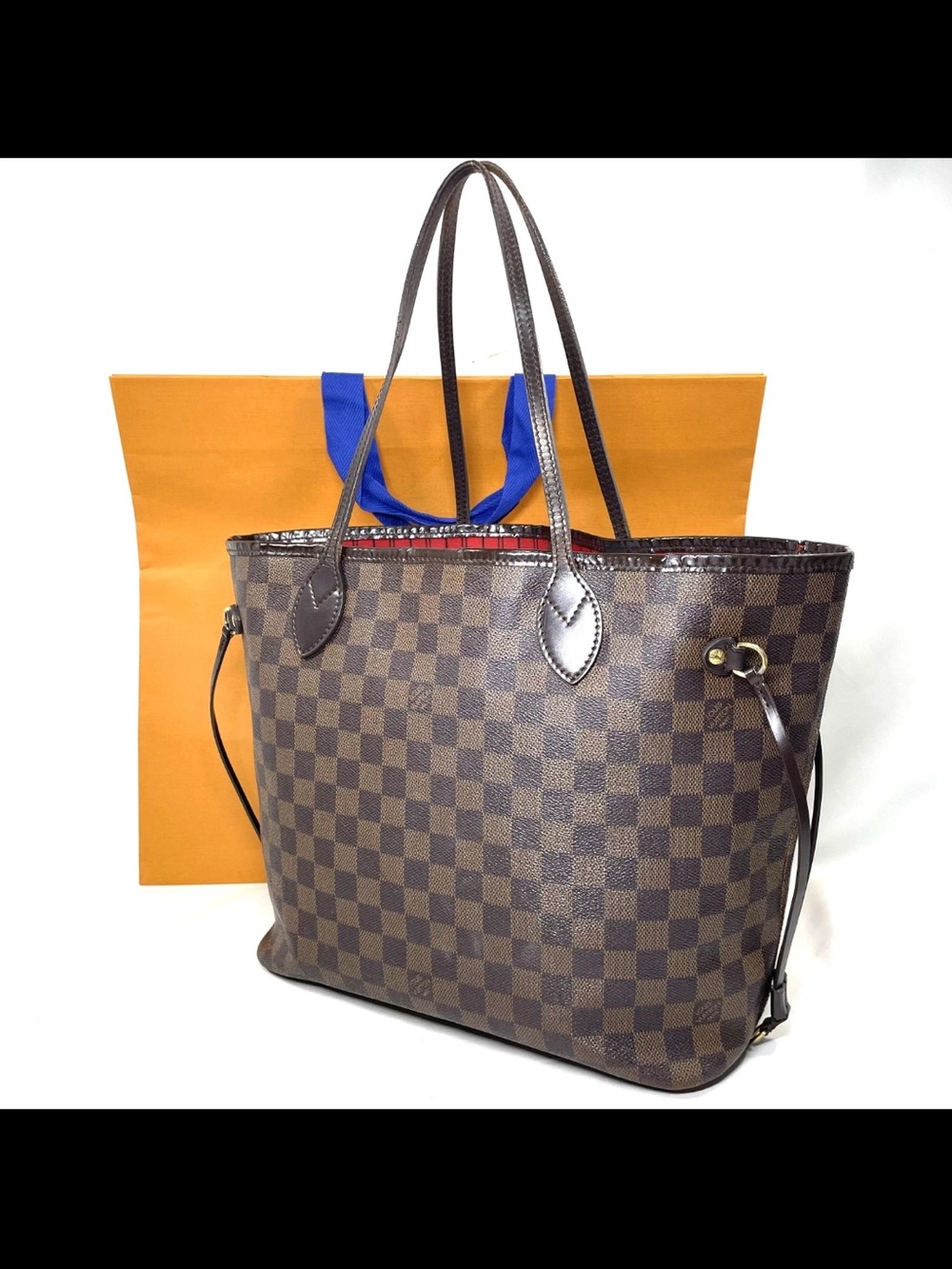 Designer Brown Checkered Tote Bag with Red Interior